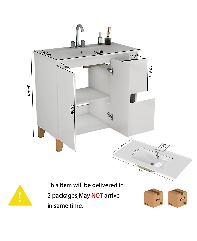 Sillysis 36-Inch Solid Wood Soft-Close Storage Bathroom Vanity with Ceramic Sink