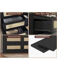 gaomon Bedroom 47.24 Inch 8 Drawer Rattan Dresser, Wooden Chest of Drawers with Farmhouse Storage