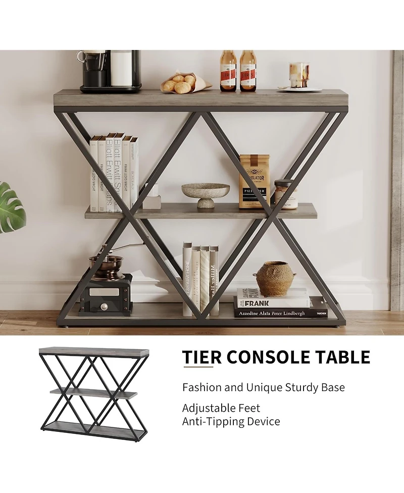 gaomon 39" Entryway Table - 3 Tier Narrow Console Sofa Table with Storage Shelf, X-Shaped Metal Frame, Industrial Accent Tables