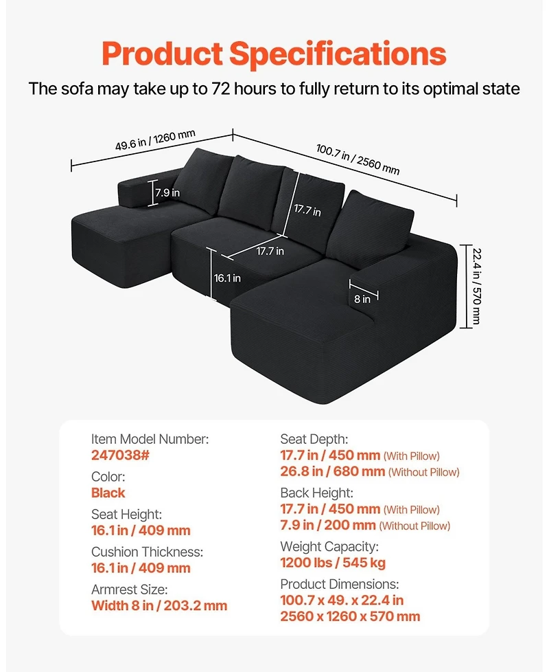 Gouun Corduroy U-Shaped Modular Sectional Sofa with Chaise, 1200 lbs Capacity, 100.7 x 49.6 in