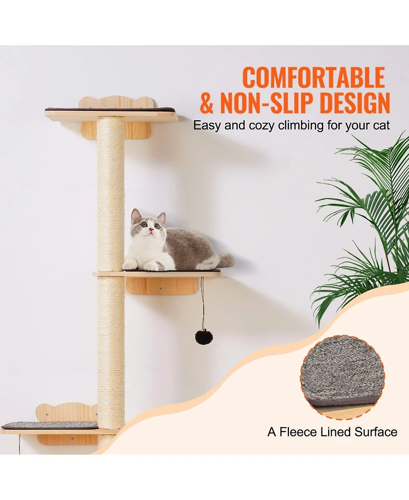 Gouun 4-Tier Wall Mounted Cat Shelves with Jumping Boards and Scratching Posts, Pine Wood Cat Climbing Furniture