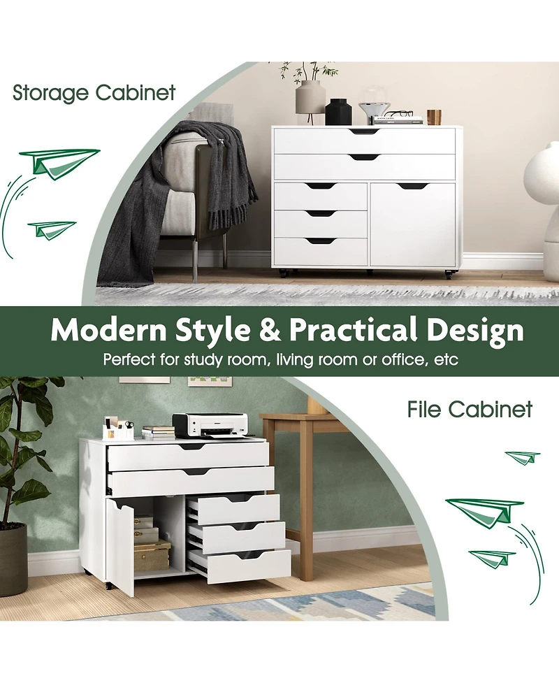 Sugift Modern Vertical 5-Drawer Mobile Chest with Door 5 Casters