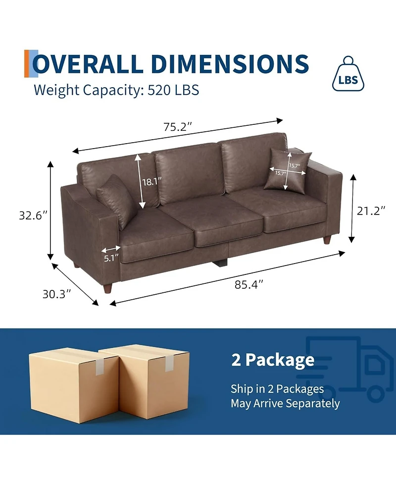 gaomon 85 Inch 3-Seater Sofa Couch Faux Leather Wide Armrests Deep Seats Wood Legs Back Cushion Sturdy Support