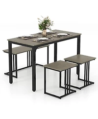 Sugift 4 Pieces Space-Saving Dining Table Set with Bench and 2 Stools-Oak