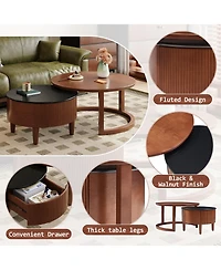 Rainsken Round Nesting Coffee Table Set with Two Tone Wood and Storage Drawer
