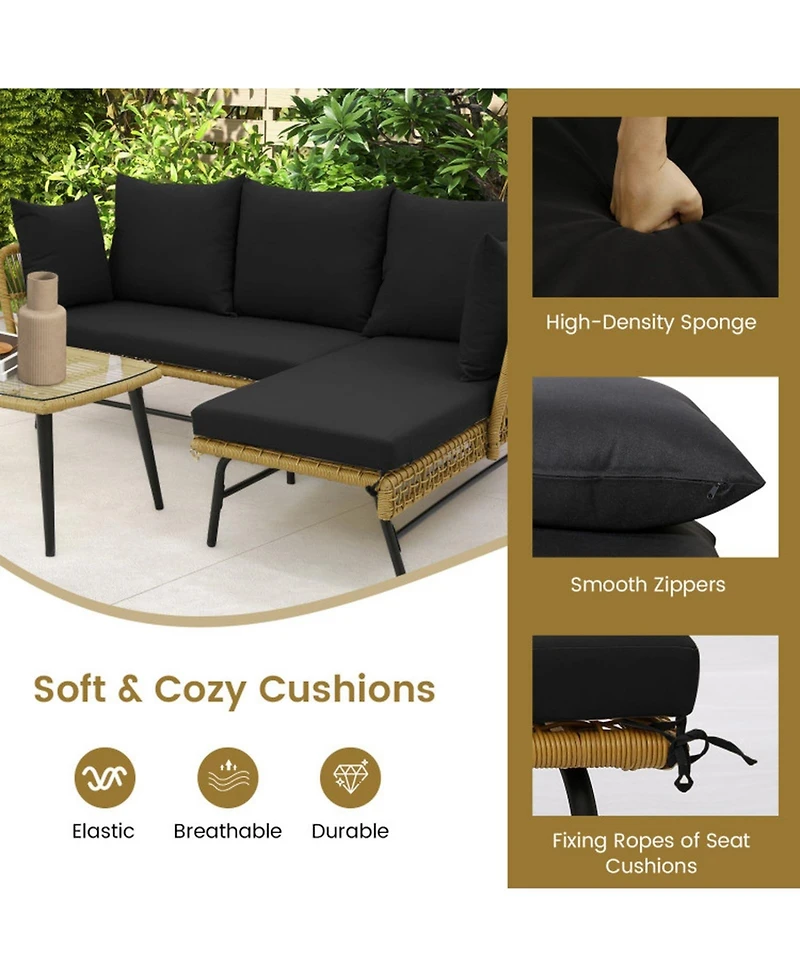 Gouun 3-Piece L-Shaped Pe Rattan Patio Sofa Set with Cushions and Glass Coffee Table