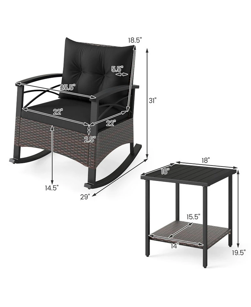 Gouun 3-Piece Rocking Patio Bistro Set Pe Rattan Chairs with Wood-Top Side Table
