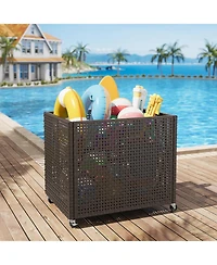 gaomon Poolside Rattan Storage Organizer, Pool Float Storage Holder with Mesh Rolling for Pool Noodles, Toys, Floats, Balls, Outdoor Storage Bin