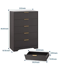 gaomon Bedroom 31.5" Tall Dresser, 5 Drawer Chest of Drawers, Engineered Wood Storage Cabinet with Gold Handles.