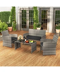 Gouun 4-Piece Wicker Patio Seating Set with Loveseat, Armchairs, and Glass Table