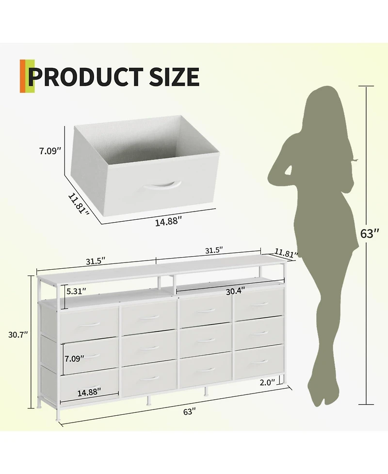 gaomon Bedroom or Living Room 12 Drawer Dresser Tv Stand, Fabric Storage Organizer with Open Shelves.