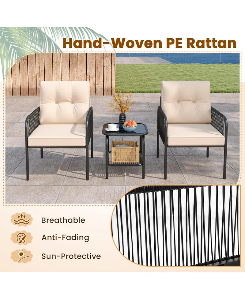 Gouun 3-Piece Pe Wicker Patio Bistro Set with Cushions and Glass Coffee Table