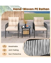 Gouun 3-Piece Pe Wicker Patio Bistro Set with Cushions and Glass Coffee Table
