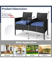 Gouun Pe Rattan Patio Loveseat with Built-In Tempered Glass Table and Cushions