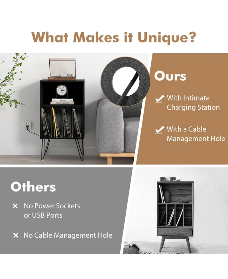 Gouun 3-Tier Turntable Stand with Built-In Charging Station and 4 Vinyl Dividers