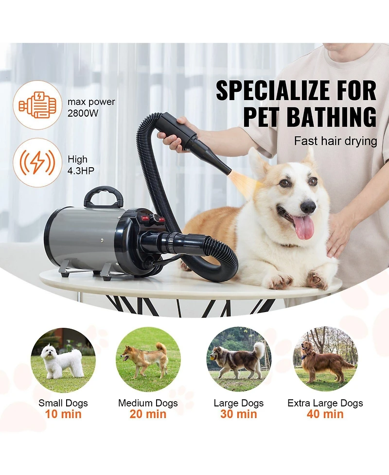 Cozito Dog Blow Dryer 2000W Pet Grooming 4 Nozzles 94 in Hose