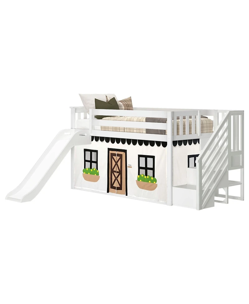 Max & Lily Low Twin over Twin Bunk With Stairs, Easy Slide Farmhouse Curtain