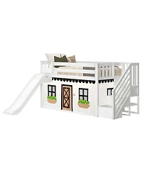 Max & Lily Low Twin over Twin Bunk With Stairs, Easy Slide Farmhouse Curtain