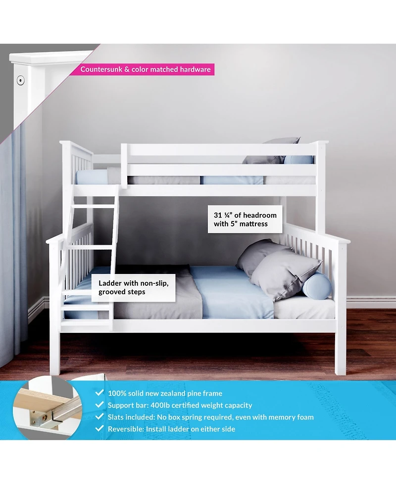 Max & Lily Bunk Bed Twin over Full Size, Solid Wood Beds with Ladder for Kids