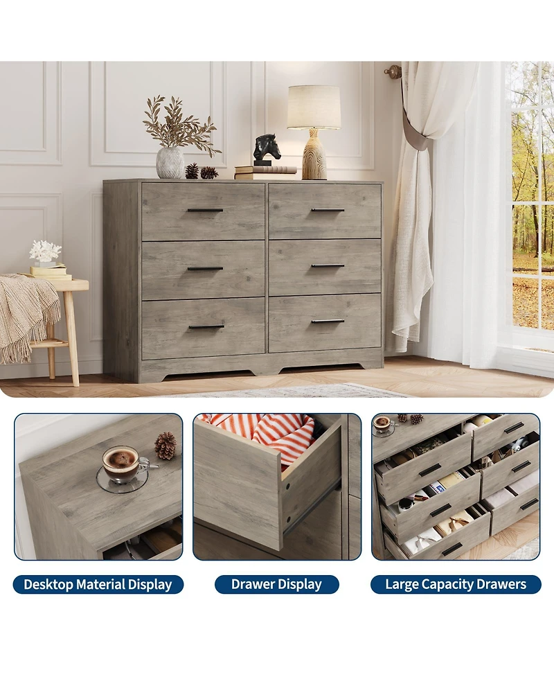 gaomon Bedroom 6 Drawer Double Dresser, Wood Look Chest of Drawers with Deep Storage, Anti-Tip Design, Metal Handles