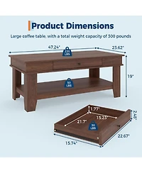 gaomon Walnut Coffee Table with Drawer, 47.2" Center Table with Storage Shelf, Rustic Coffee Tables Long Living Room Furniture