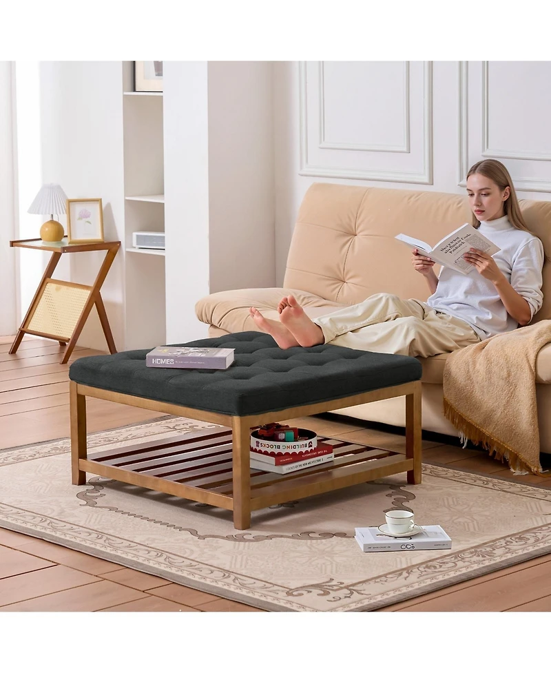 Sugift Large Square Ottoman Coffee Table, 34.5" Tufted with Wood Shelf Storage
