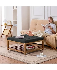Sugift Large Square Ottoman Coffee Table, 34.5" Tufted with Wood Shelf Storage