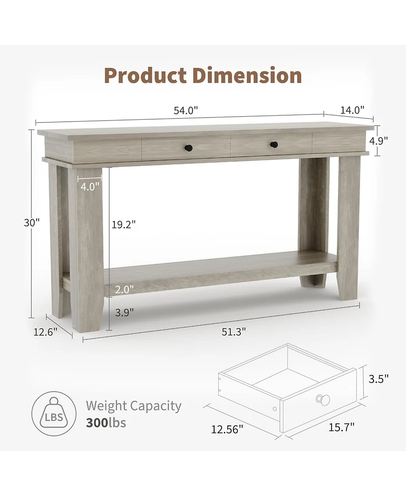 gaomon 54-Inch Long Console Table with Drawers, Wooden Rectangular Entryway Table w/Open Storage Shelf, Sofa Table Behind Couch