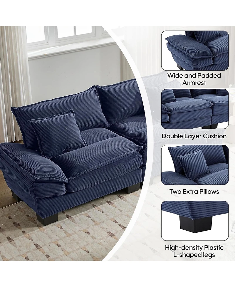 Rainsken 84" Corduroy Loveseat Sofa, Contemporary Deep Seat Couch with Cushion Pillows for Living Room and Home Office