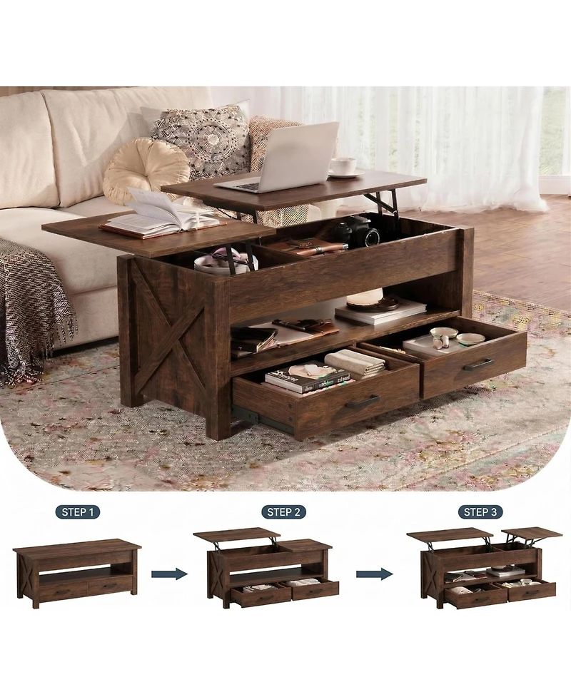 gaomon 47.2" Lift Top Coffee Table with Storage, Split Lift Design, 2 Drawers and Hidden Compartment, Farmhouse Center Table