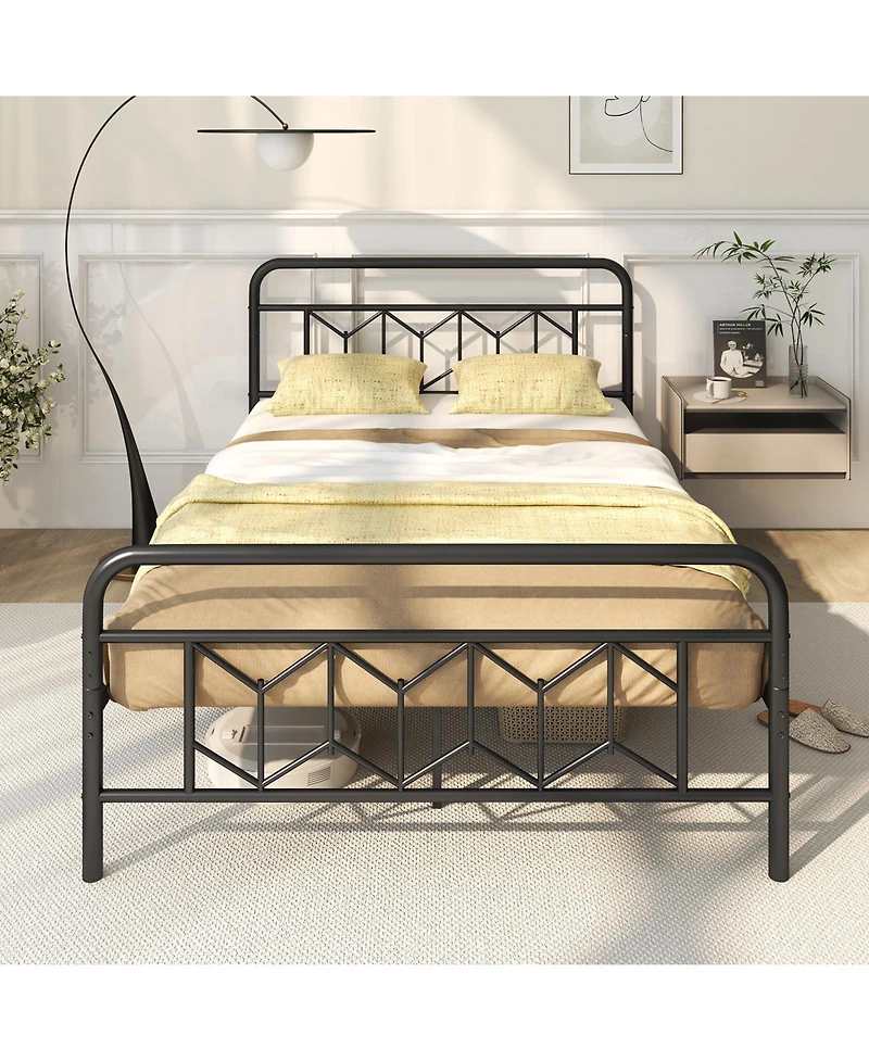 Sugift Full Size Platform Bed with High Headboard and Snap Lock Metal Slats