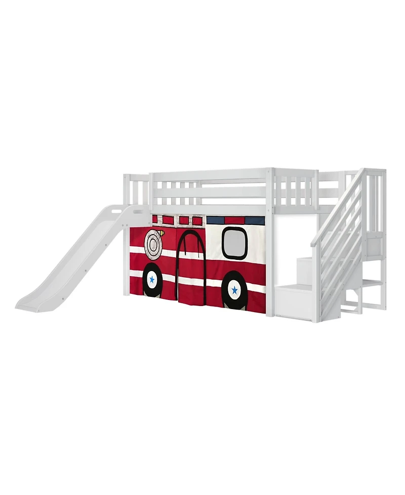 Max & Lily Low Loft With Stairs, Easy Slide and Firetruck Curtain