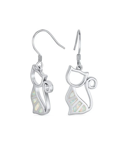 Bling Jewelry Animal Lover Pet Kitten White Created Opal Cat Dangle Earrings Sterling Silver