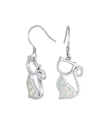 Bling Jewelry Animal Lover Pet Kitten White Created Opal Cat Dangle Earrings Sterling Silver
