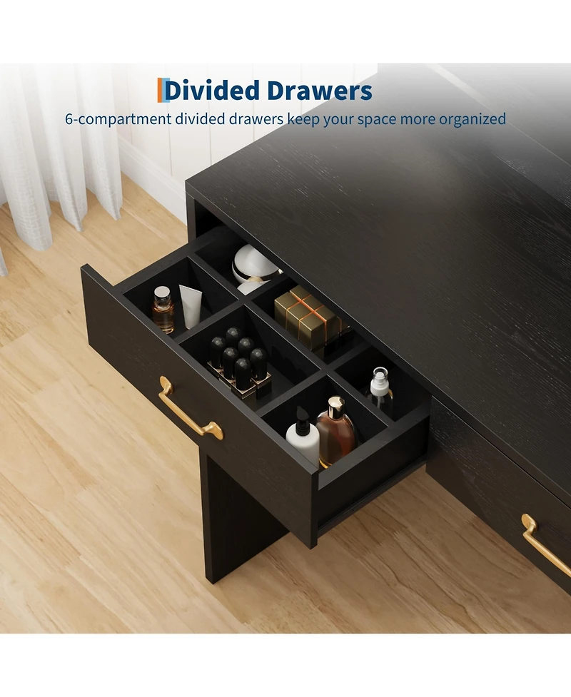 Homfan Makeup Vanity Desk with Led Mirror, Power and Charging Station, 3 Drawers, 2 Cubbies, Cabinet, Shelves, Wooden Dressing Table for Bedroom