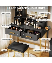 Homfan Makeup Vanity Desk with 3-Color Lights, 4 Drawers, 2 Shelves, Built-In Charging Station, Led Vanity Table for Bedroom, Dressing Room