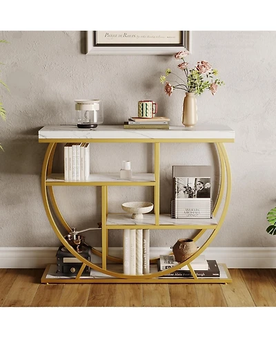 gaomon 3-Tier Industrial Entryway Table with Semicircular Metal Frame, Open Shelf Console Sofa Table for Living Room, Hallway