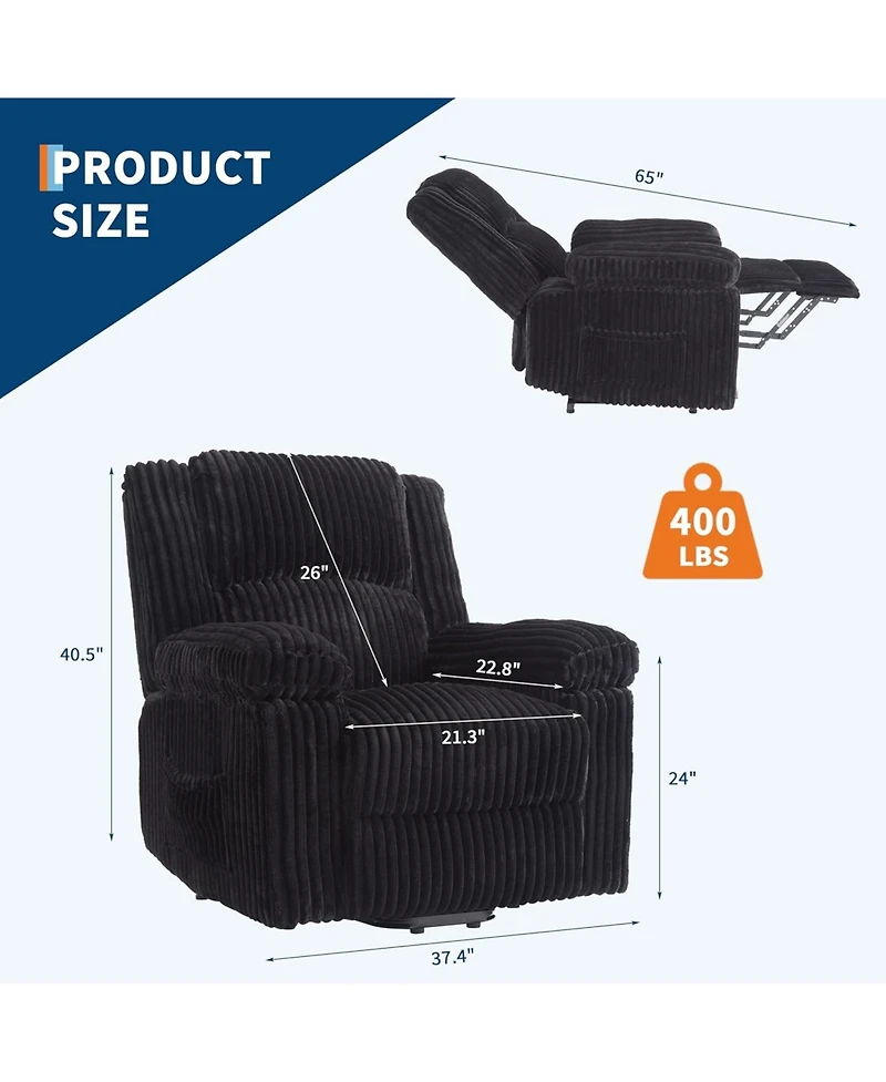 gaomon Corduroy Recliner Chair, Manual Recliner Sofa with Handle, Pillow Top Arms, Thick Padding, Side Pocket