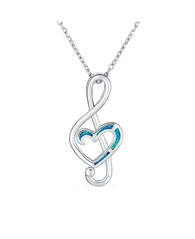 Bling Jewelry Musical Created Blue Opal Heart Treble Clef Music Note Pendant Necklace