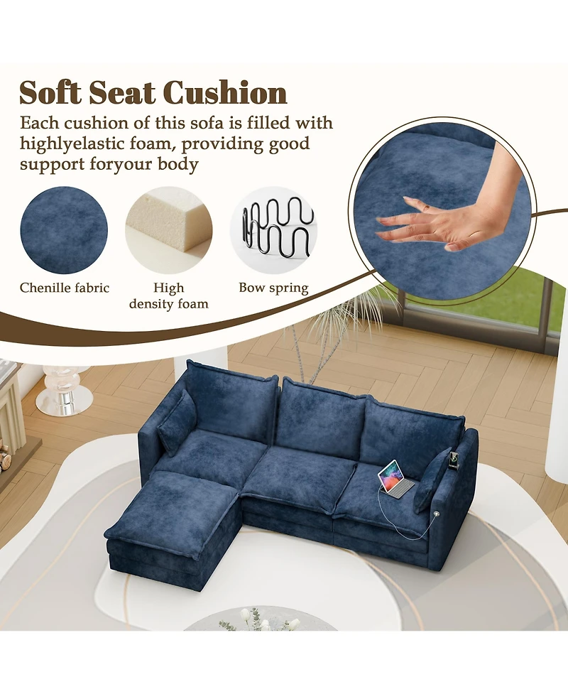 Dyhome Modular Sectional Sofa L Shaped Couch, 3 Seat Sofa Set with Ottoman and Pillows, Chenille Fabric