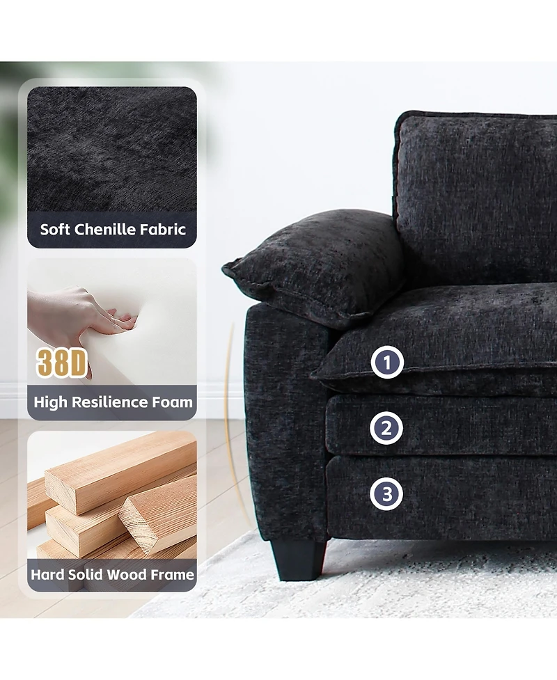 Rainsken 3-Seater L-Shaped Chenille Sectional Sofa with Ottoman with Removable Washable Covers and Sturdy Solid Wood Frame for Living Room Use