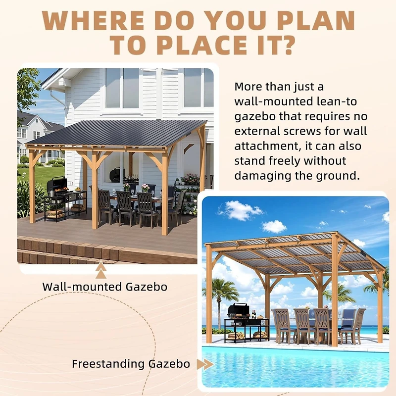 Aecojoy 12' x 10' Outdoor Wooden Gazebo, Patio Lean to Hardtop Pergolas and Gazebos