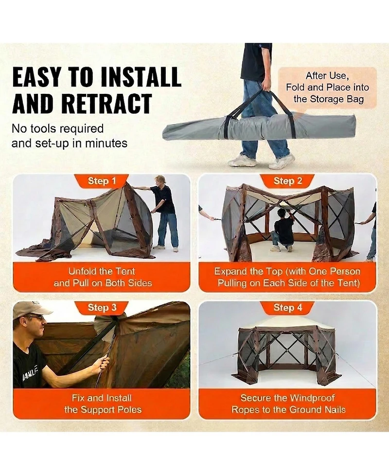 Givimo 6-Sided Pop-Up Gazebo Screen Tent with Removable Wind Cloths and Mesh Windows 12.5x12.5FT