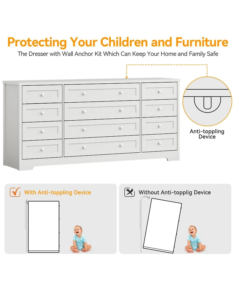 gaomon 12 Drawer Dresser, 63" Wide Wood Chest of Drawers Storage Cabinet.