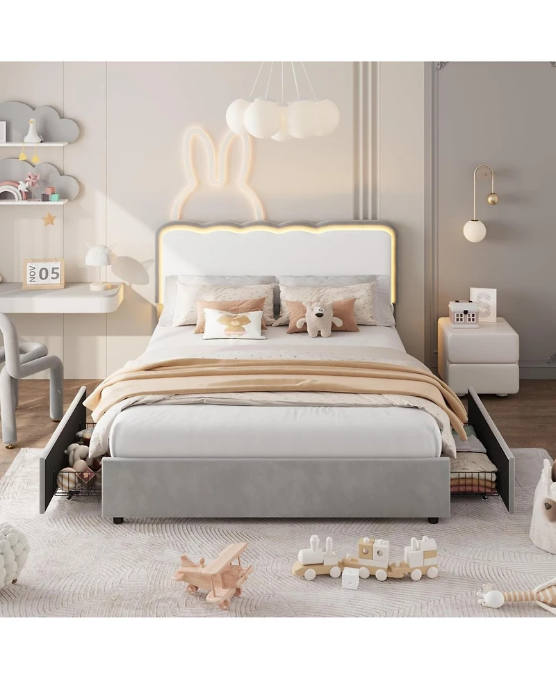 gaomon velvet Led bed frame with storage drawers, adjustable headboard, princess-style frame