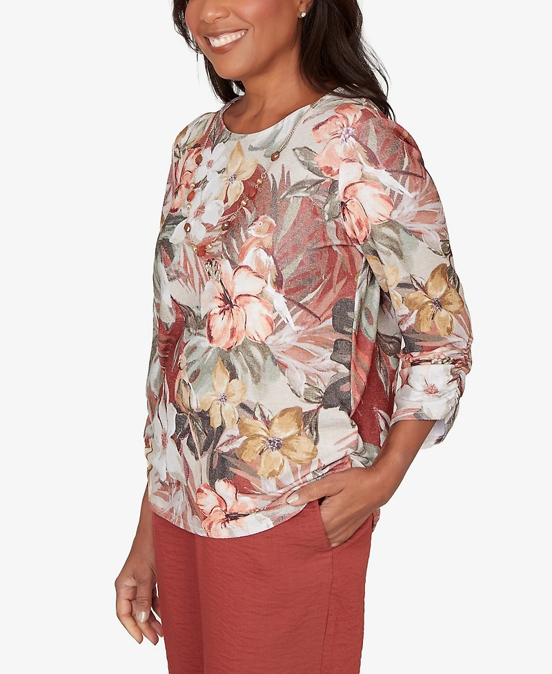 Alfred Dunner Petite Spice Market Dramatic Floral T-Shirt with Necklace