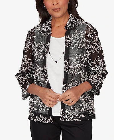 Alfred Dunner Petite Detail Driven Two One Mesh Soutache Top with Necklace