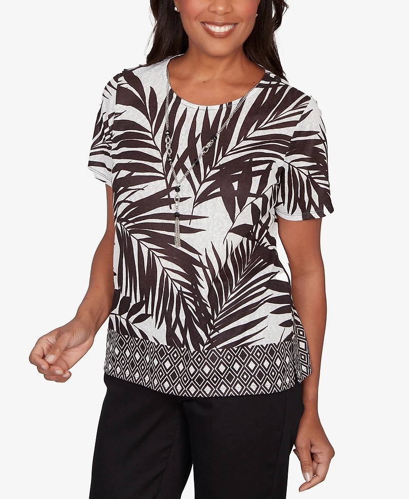 Alfred Dunner Petite Detail Driven Tropical Diamond Border Crewneck T-Shirt with Necklace