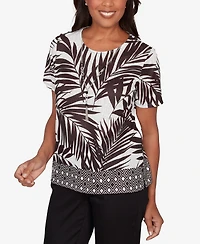 Alfred Dunner Petite Detail Driven Tropical Diamond Border Crewneck T-Shirt with Necklace
