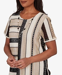 Alfred Dunner Petite Detail Driven Textured Spliced Crewneck T-Shirt with Necklace